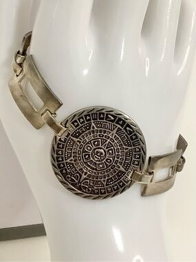 Vintage 925 Sterling Silver Mexico Aztec Calendar Link Bracelet Nice Patina 30g
